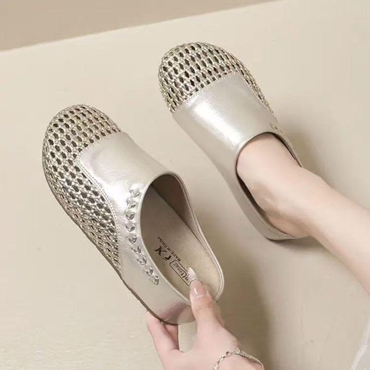 Baotou Half Slippers Women's Summer Outer Wear 2025 New Inner Height Increase Hollow Woven One-pedal Single Shoes Cool Slippers