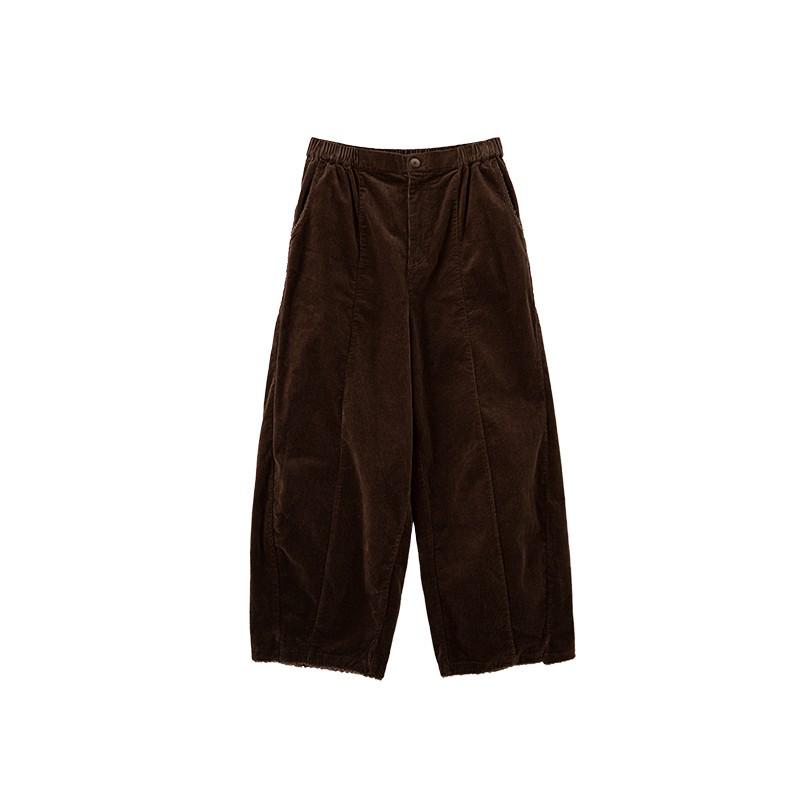 2024 Autumn/Winter Retro Earth Tone Corduroy Carrot Pants with Fur Trim and Elastic Waist