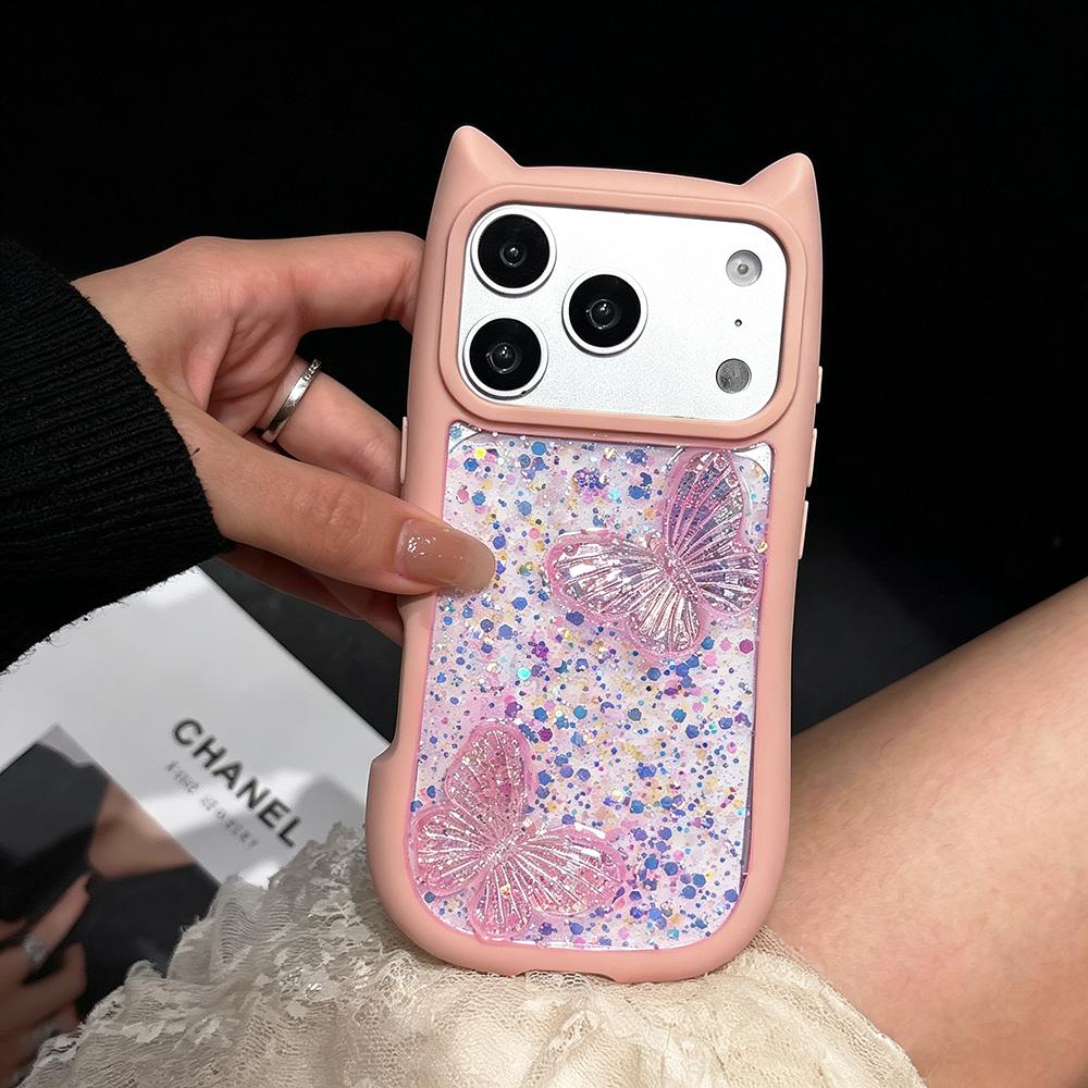 Cute Cat Ears Butterfly Transparent Lanyard Case for iPhone 17e 16 15 14 13 12 Pro Max 17 Air 11 Large Window Soft Edges Cover
