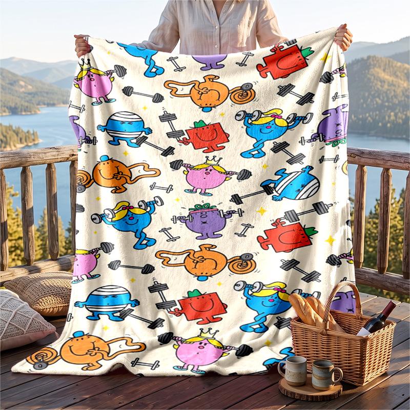 Warm Flannel Blanket Mr. Men & Little Miss Pattern, Lightweight Comfortable Throw Blanket for Bed Sofa Use