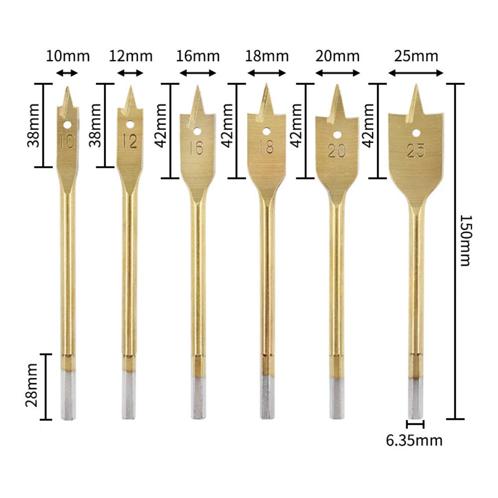 6 Mèches Plates à Bois - 10/12/16/18/20/25mm, Tige Hexagonale, Acier Carbone Traité