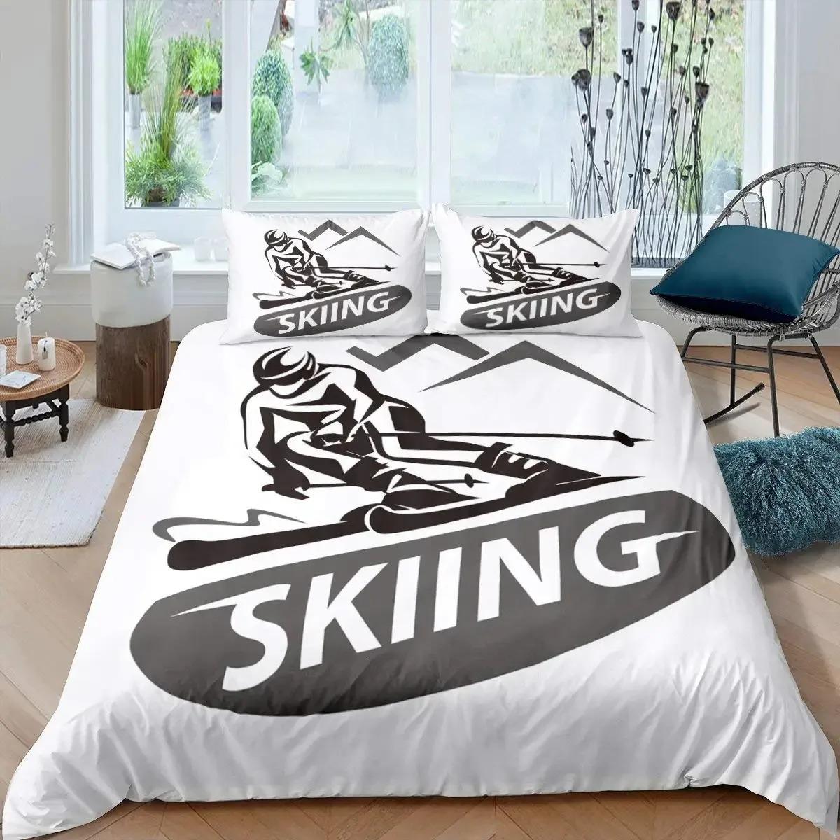 Ski Sport Dekbedovertrek Set Volledige Maat Wintersport Skiën Beddengoed Sets Sneeuwberg Landschap Dekbedovertrek voor Jongens Meisjes US Full(200*230cm)3pcs