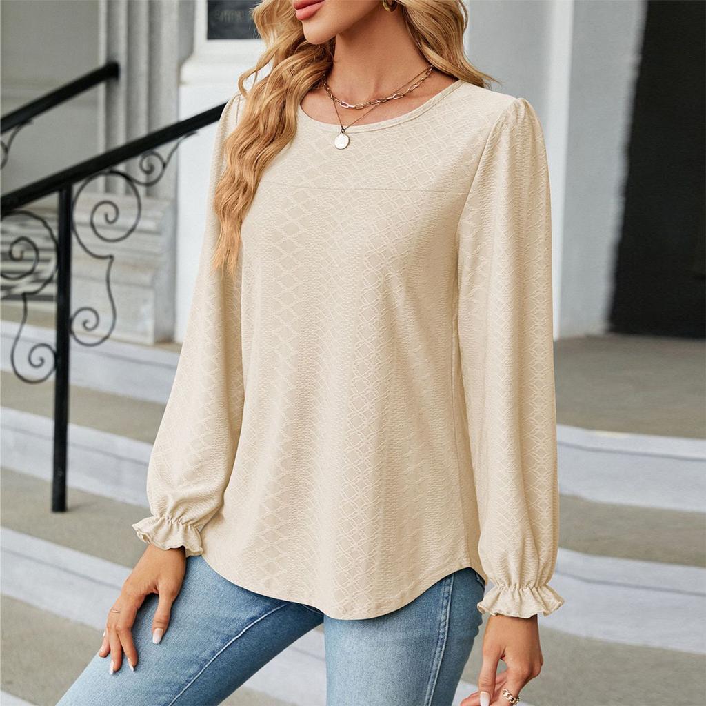 Women's Fashionable Color Loose Round Neck Long Sleeved Pullover T-shirt Top