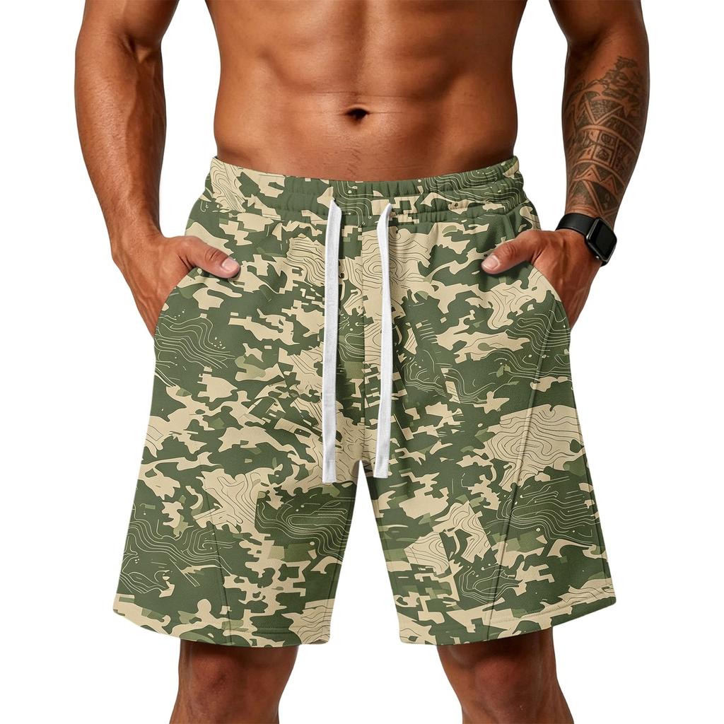 Herren lockere Camouflage-Print Sportshorts mit Taschen für Fitnessstudio Training Laufen Strandbekleidung Kordelzug Taille