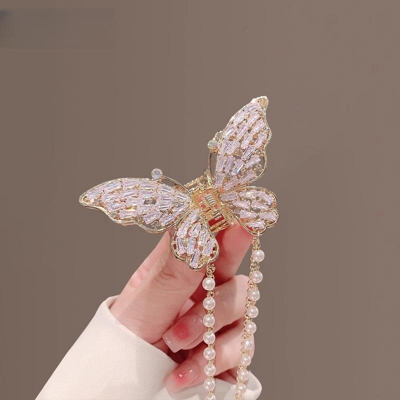 Summer Pearl Rhinestone Metal Butterfly Tassel Grab Clip Back of Head Ponytail Hairpin Women's Headdress Clip Hairpin Claw Clip