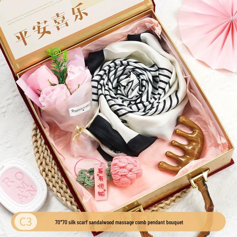 Elegant Scarf & Sandalwood Comb Gift Set with Bouquet