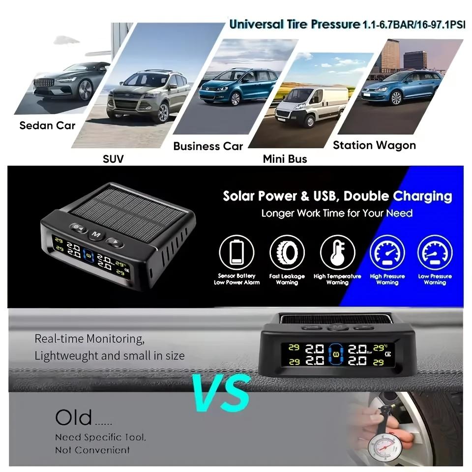 Zonne-TPMS Auto Bandenspanning Alarm Digitaal Kleurendisplay 4 Externe Sensoren Waterdicht Bandenspanning Temperatuur Waarschuwing