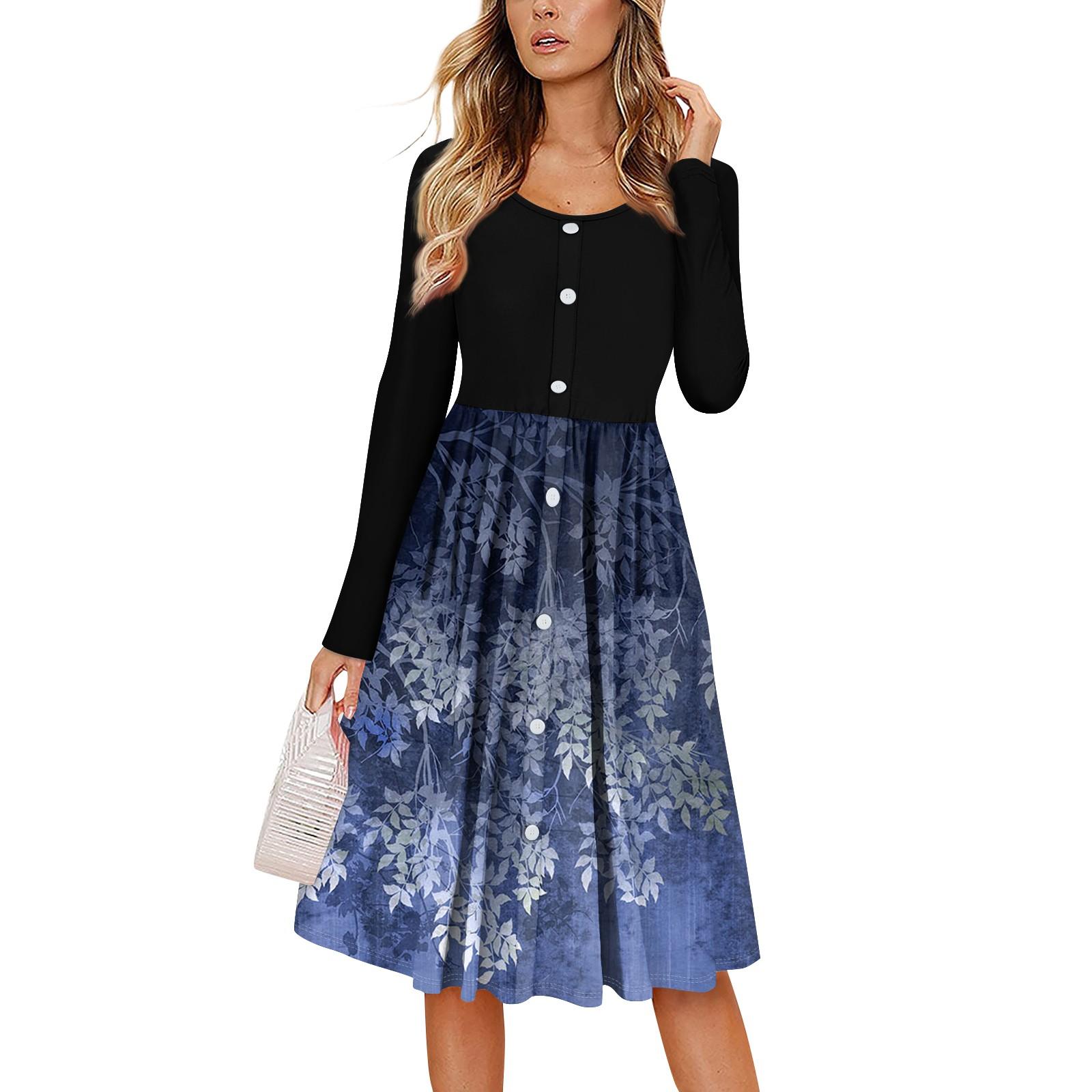 

Женский повседневный модный сексуальный удобный сарафан с пуговицами, длинными рукавами и карманами, платье с цветочным принтом L тёмно-синий