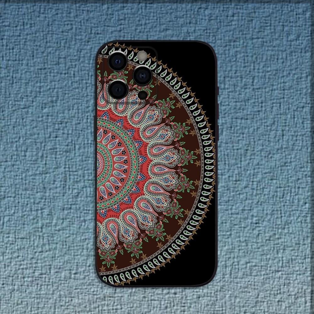 Indian Floral Henna Mandala Phone Case For iPhone 16,15,14,13,12,11,Pro,X,XS,Max,XR,Plus,Mini Soft Black Cover
