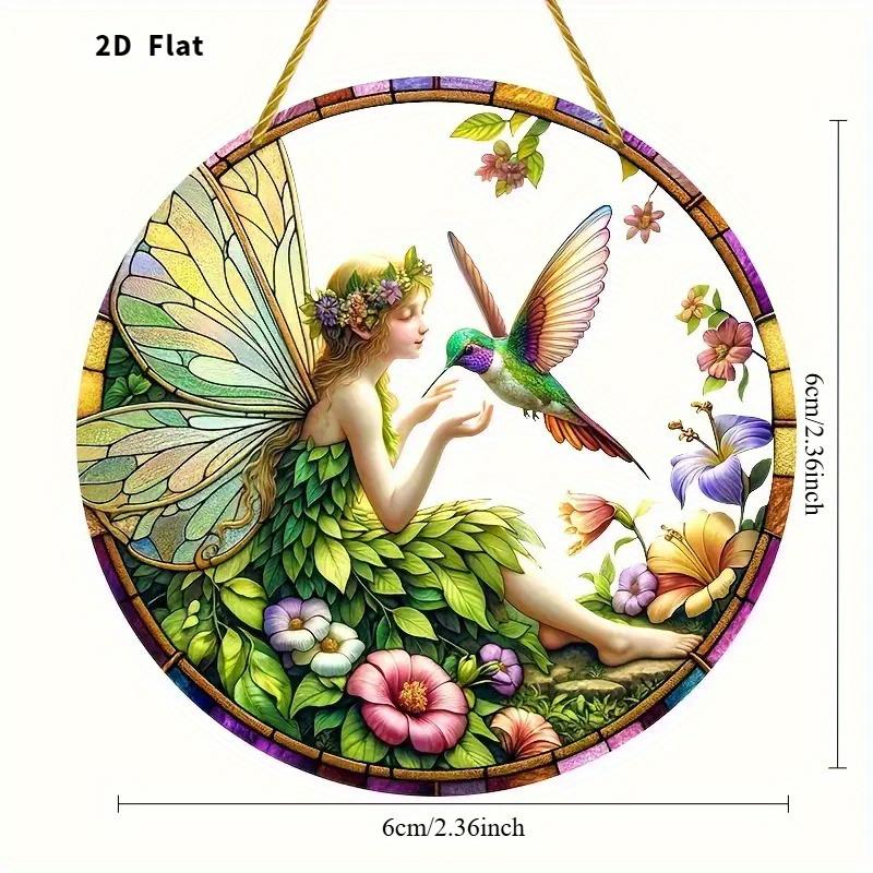 2D Flat Stained Glass-Style Acrylic Fairy & Hummingbird Decoration Sign, Floral Design, Suitable for wall Decoration, porch, Room, Villa, accents Home
