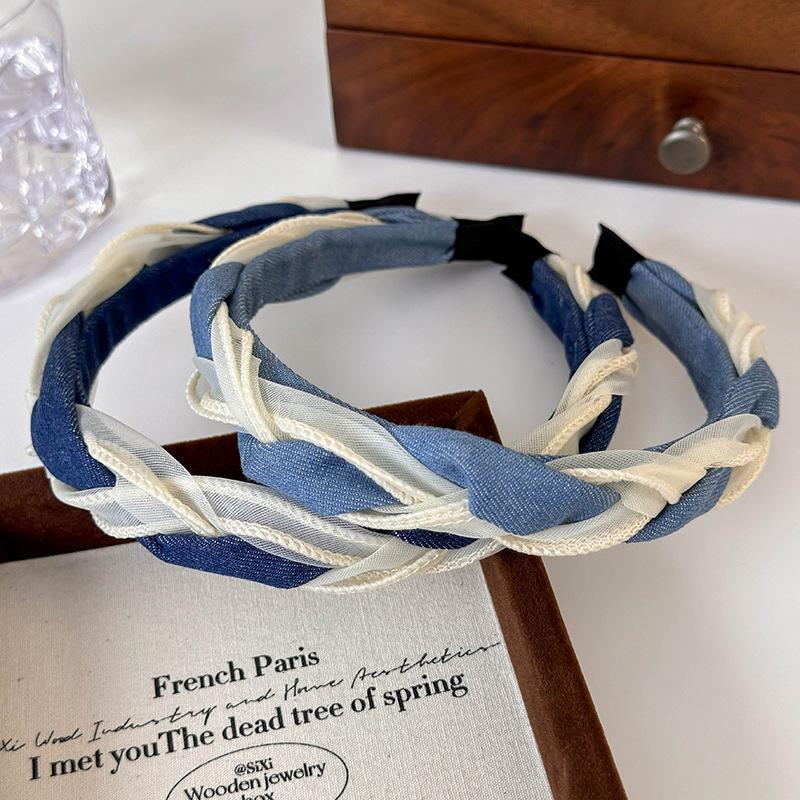 New Retro Braided Twist Headbands Fashion Denim Panelled Mesh Yarn Hair Hoop for  Woman Girl Elegant Hair Band Hair Accessories