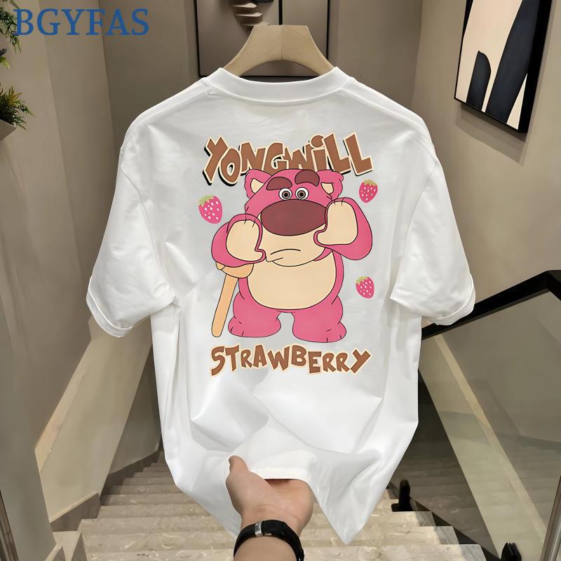 2025 summer couple short-sleeved top simple high-end strawberry bear versatile pure cotton trend top 220g S