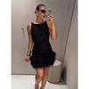 Elegant Mini Dress Women Loose Round Neck Patchwork Feather Sleeveless Robe Female 2024 Fashion Solid Party Chic Evening Dresses
