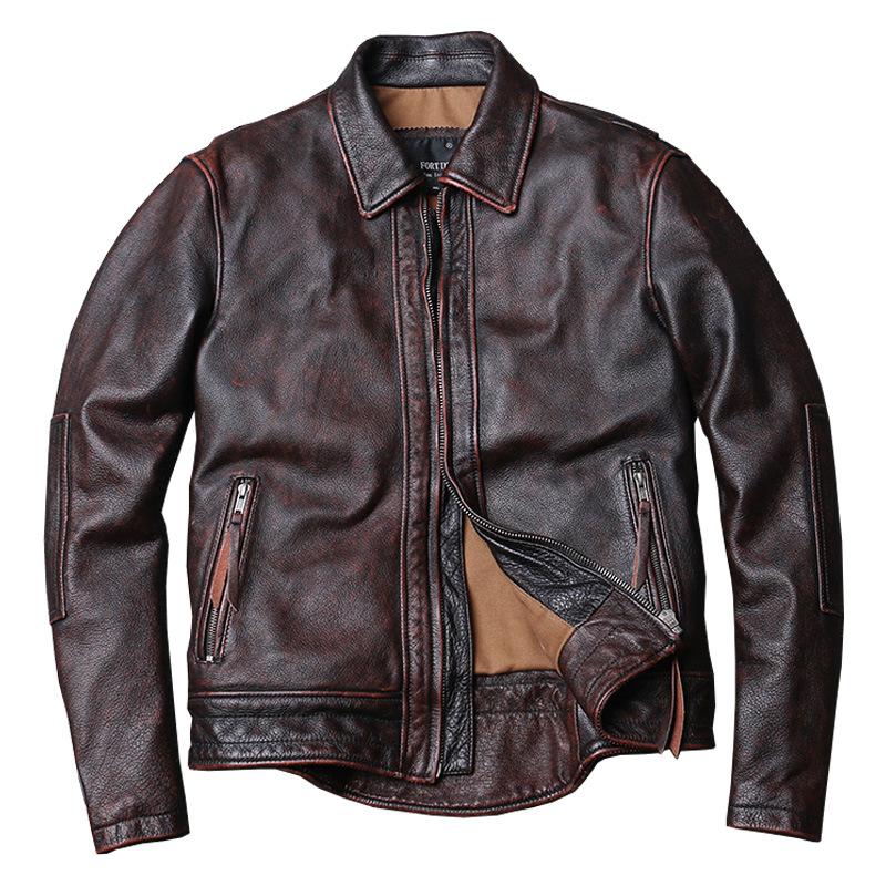 Spring and Autumn New May Khaki Brown Vintage To Do Old First Layer Cowhide Leather Leather Men's Motorcycle Tuxedo