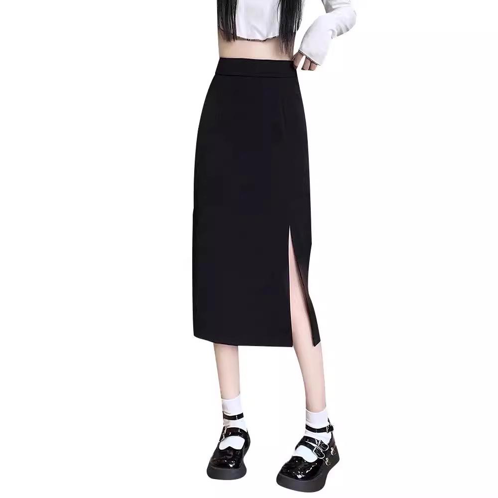 2024 Women's High Waist Black Midi Skirt: Summer Bodycon Slit, A-Line Maxi, Trendy Mid-Length