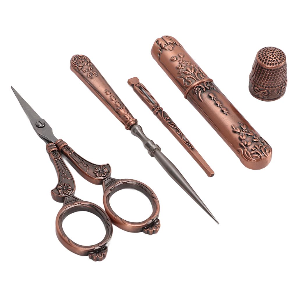 Embroidery Scissors Kit Red Ancient European Retro Style Stainless Steel DIY Sewing Embroidery Scissors Awl Tool Set