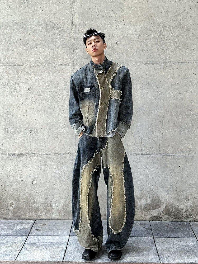 Old washed denim splicing jacket jacket men s scimitar pants two-piece set trendy M
