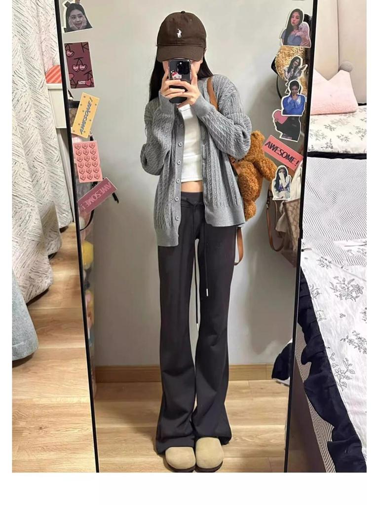 Petite Women's High-Waist Dark Grey Micro-Flare Sweatpants (150cm) - American Style, Spring/Autumn
