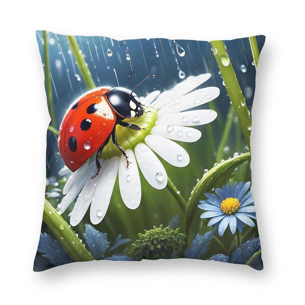 Ladybug On White Daisy Margareta Pillowcase Polyester Linen Velvet Printed Zip Decorative Pillow Case Room Cushion Case