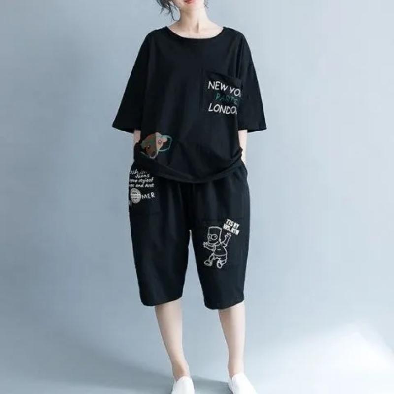 

Women s Casual Sports Printing Suit Women s Loose Short-sleeved T-shirt Five-point Pants Two-piece Suit XXL чёрный