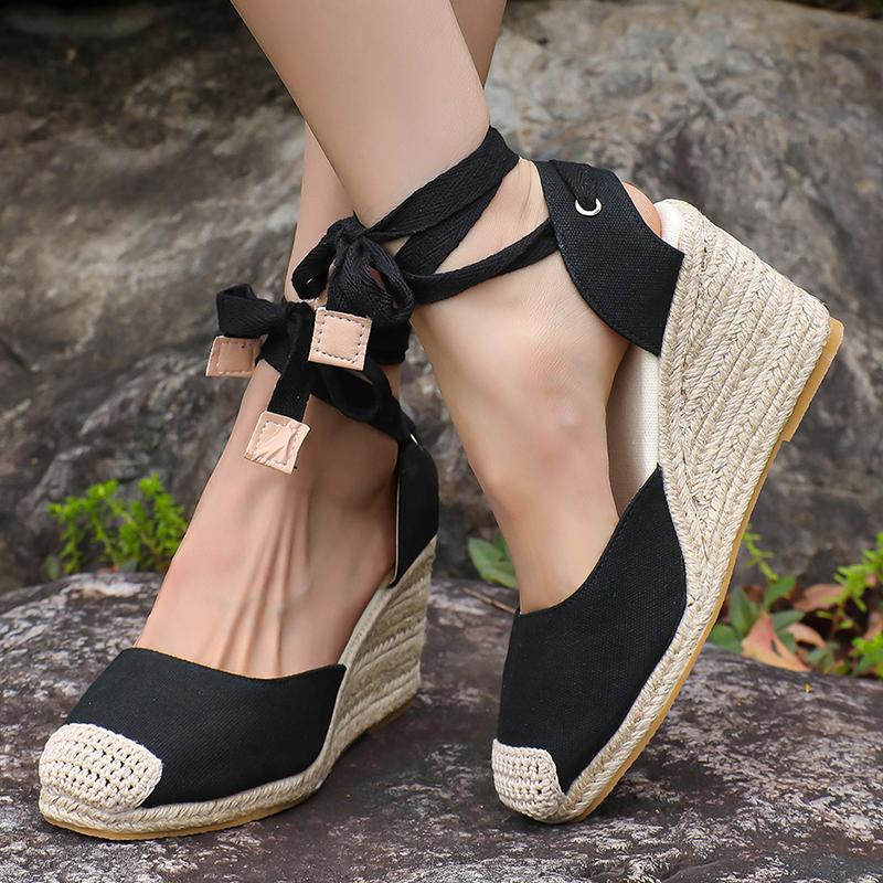 Espadrilles Wedge Sandals for Women Summer 2025 Closed Toe Ankle Strap Slingback Sandals Woman Comfort Lace Up Casual Sandalias