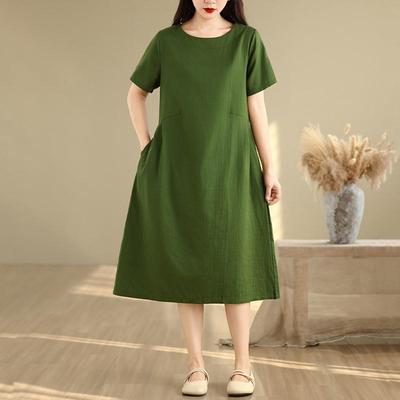 Short Sleeve Plus Size Cotton Linen Vintage Floral New In Dresses for Women Casual Loose Long Summer Dress