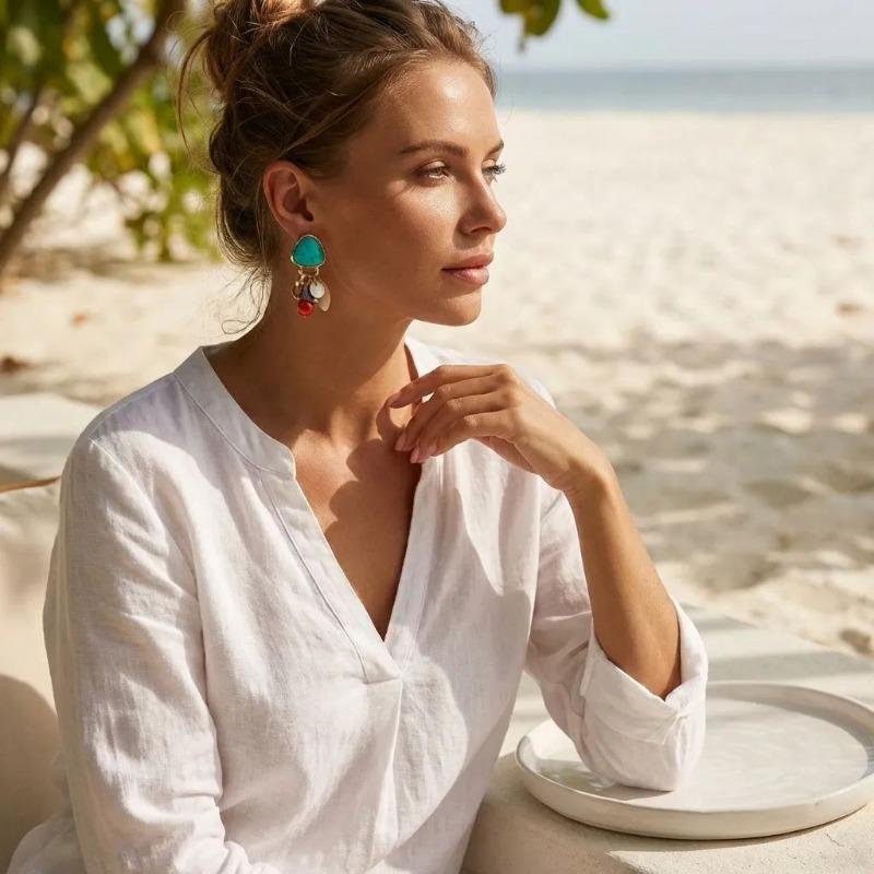 Vintage Ethnic Style Irregular Geometric Resin Beaded Drop Earrings For Women