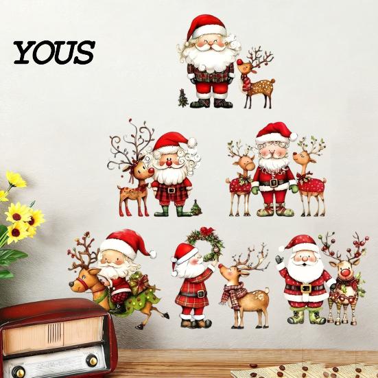 Festive Wall Decorations Christmas Stickers, Watercolor Santa Claus Reindeer Decals, Self-Adhesive Art Stickers for Living Room Bedroom Entryway