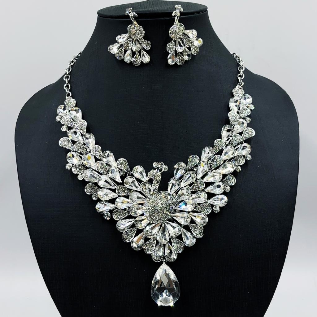 Peacock Crystal Wedding Earrings Necklace Set for Women Bridal Jewelry Party Accessories