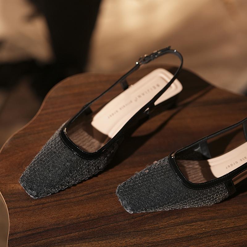 Retro Square Head High Heels Women's Low Heels Sequined Bag Head Sandals Women's Thick Heels Mary Jane Shoes Single Shoes