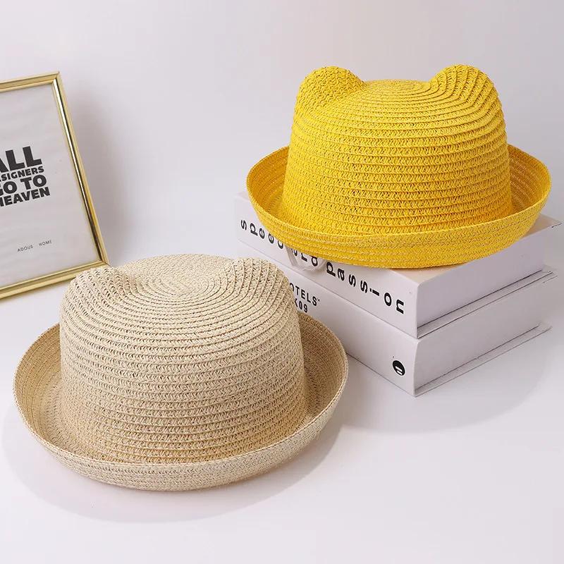 Summer Children Straw Hats For Boy Girl Cute Ears Kids Baby Panama Shades Beach Hat Unisex Breathable Dome Brim Rolled Sun Caps