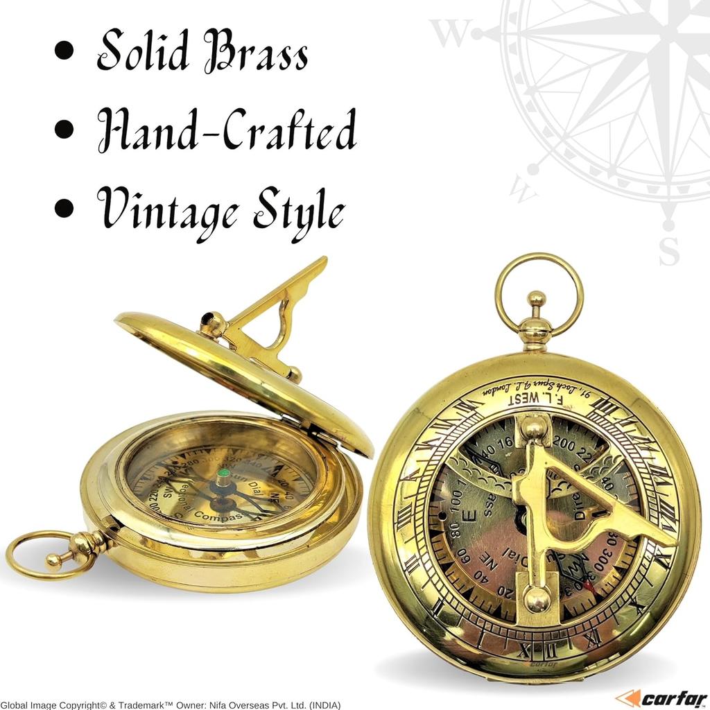 Nautical Sunclock Compass Handmade Solid Brass Vintage Style Sundial Push Open Navigational Compass with Leather Gift Case Best for Your Loved Ones