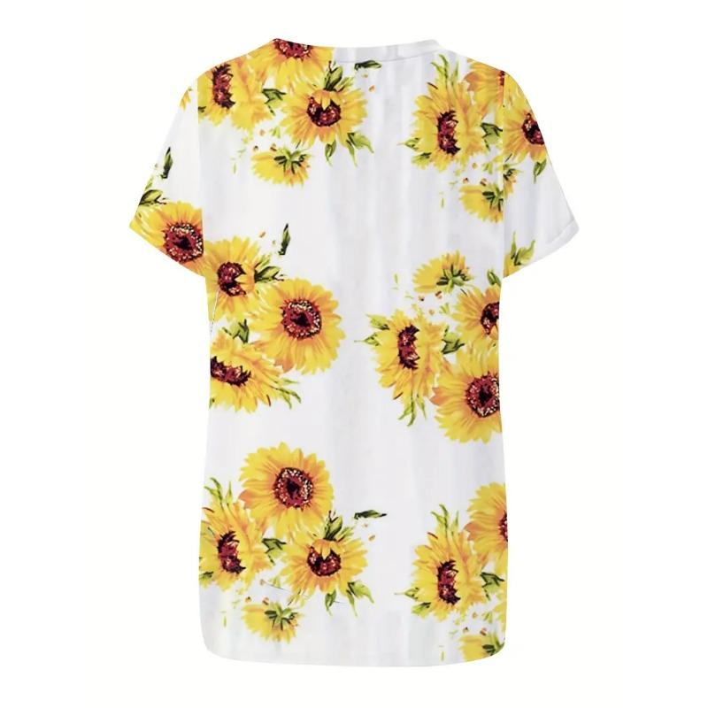 T-Shirt mit Sonnenblumen-Print und V-Ausschnitt, lässiges Kurzarm-T-Shirt für Frühling und Sommer, Damenbekleidung