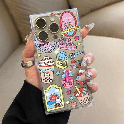 Clear Square Back Tube Case Protection For iPhone 14 Pro Max 12 13 16 ProMax 15 Plus 11 Anti-Oxygen,Milk Tea Pattern Casing