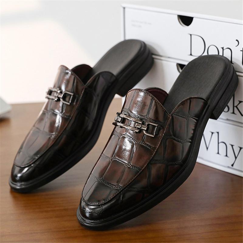 New Men's Black Brown Half Slippers Metal Button Patent Leather Shoes Male Casual Mules Moccasins Breathable Loafers