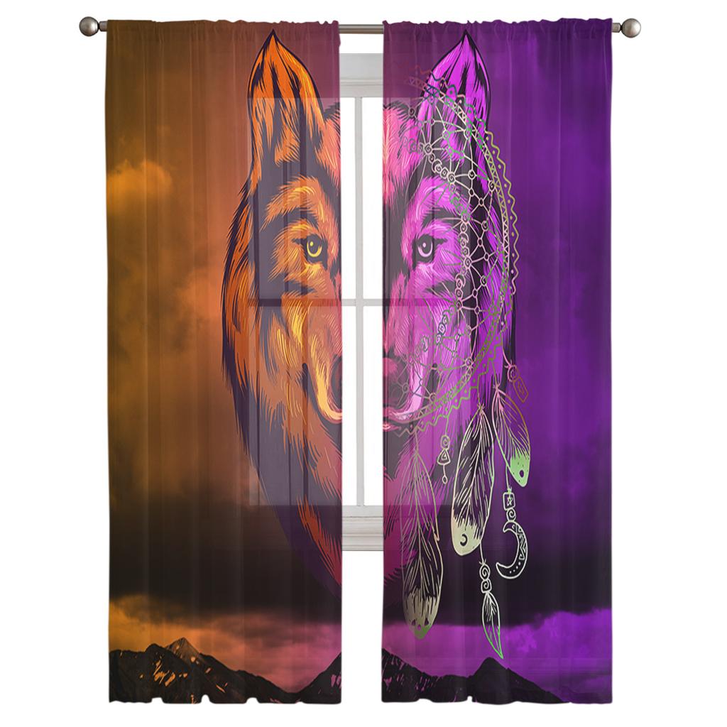 Gradient Wolf Dream Catcher Chiffon Sheer Curtains for Living Room Bedroom Home Decoration Window Voile Tulle Curtain Drapes