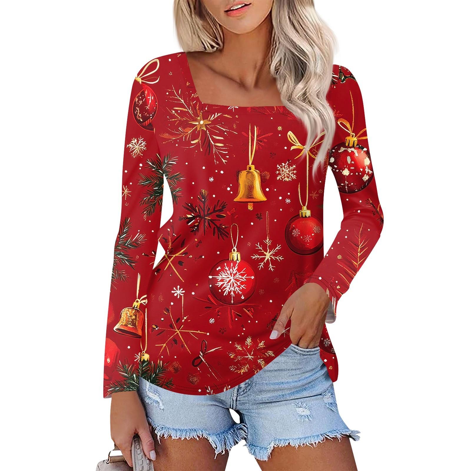 

Рубашка для женщин, модная, повседневная, с квадратным вырезом, длинным рукавом, свободная, с рождественским принтом, женская футболка, топ XL киноварь