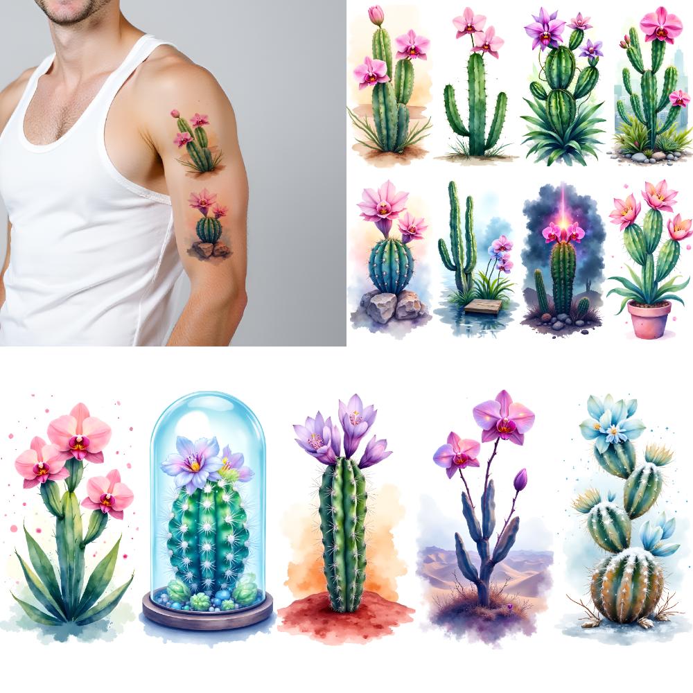 9pcs Temporary Tattoo Cactus Watercolor Watercolor Flower Temporary Tattoo Stickers For Chest Cheeks