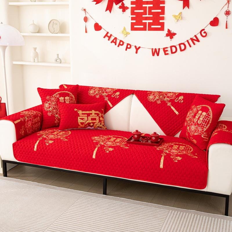 Feestelijk Rood Stoffen Bankkussen Vier Seizoenen Universeel Bruiloft Hoes Handdoek Bruiloft Antislip Bankhoes