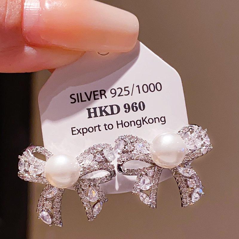 Gold-Plated Silver Bow Pearl Earrings: Retro, Elegant, and Luxurious Studs