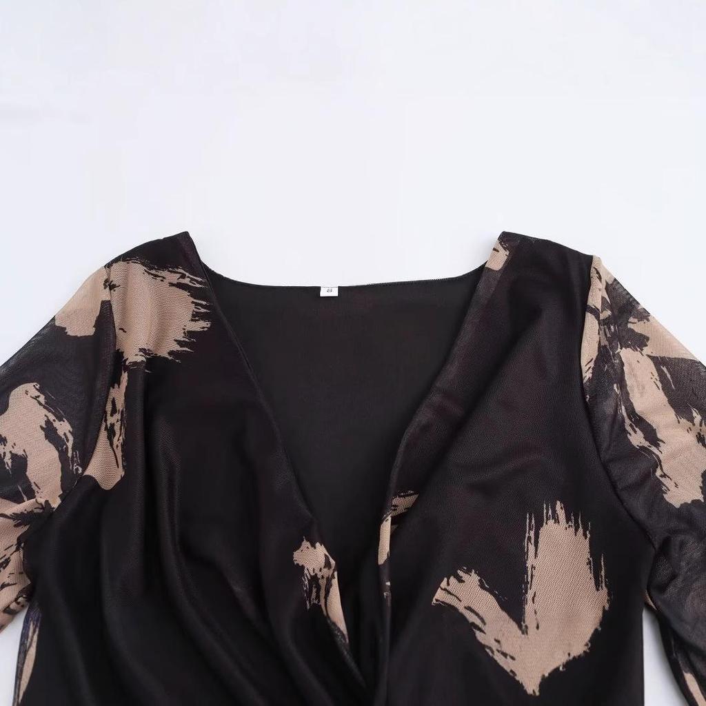 2024 Fall Women's European & American Style Cowl Neck Print Mesh Long Sleeve Dress