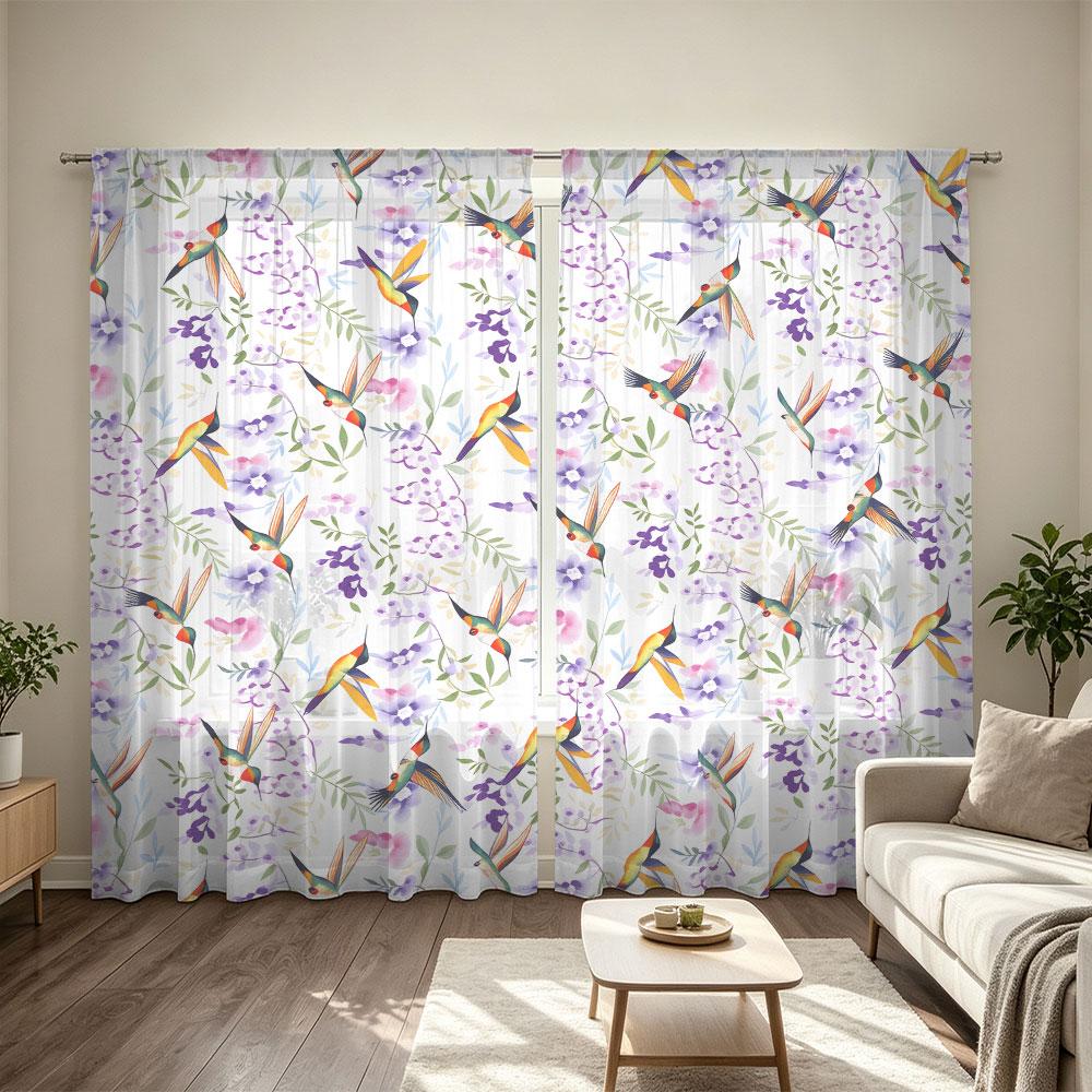 2Pcs Rod Pocket Curtain Light Block Privacy Drape Living Bedroom Hummingbird Floral Print Window Curtain For Home Decor