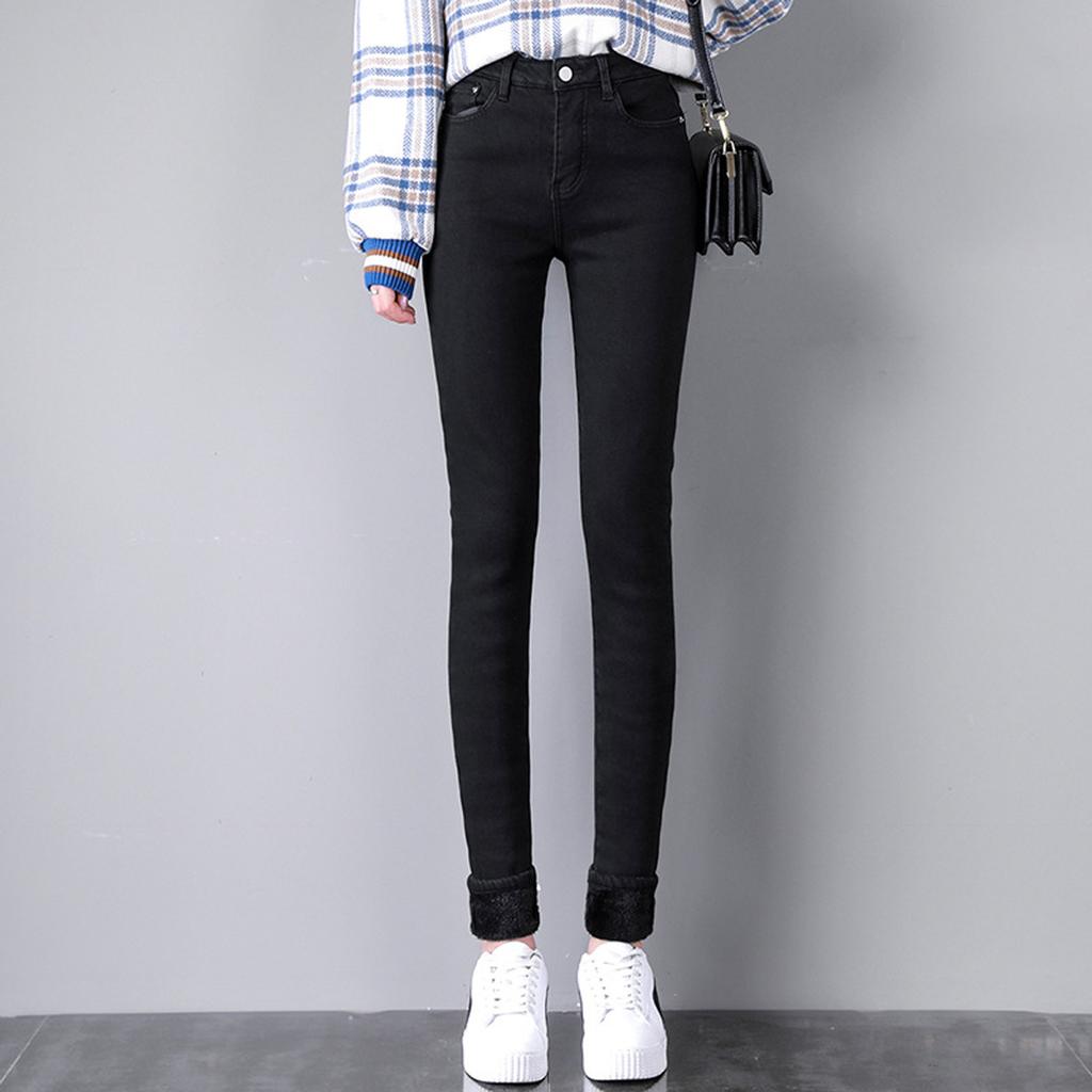 Fashion Women Plus Size Plus Velvet Elastic High Waist Casual Jeans Pencil Pants