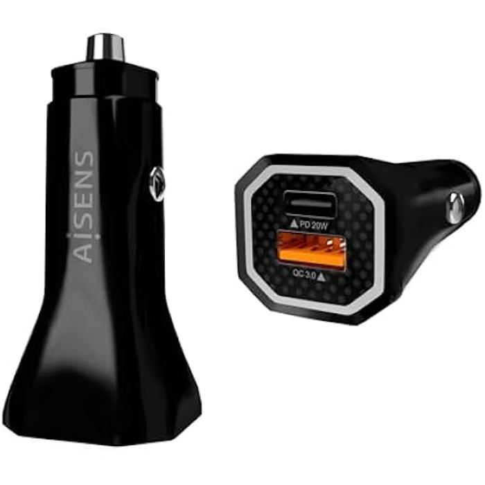 AISENS - ASCH-CAR2PQC-BK - Chargeur de Voiture 38 W, 1 x USB-C PD3.0 20 W, 1 x USB-A QC3.0 18 W, Noir