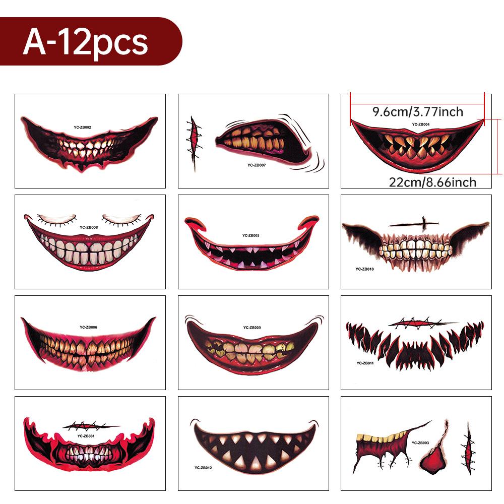 Halloween Temporary Tattoo Stickers Waterproof Horror Lips DIY Stickers Big Mouth Fake Tattoos Scar Special Facial Funny Makeup