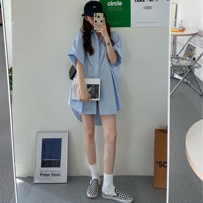 

Korean Loose Oversized Shirt Skirt Thin Coat Women s Summer Versatile Top L синий