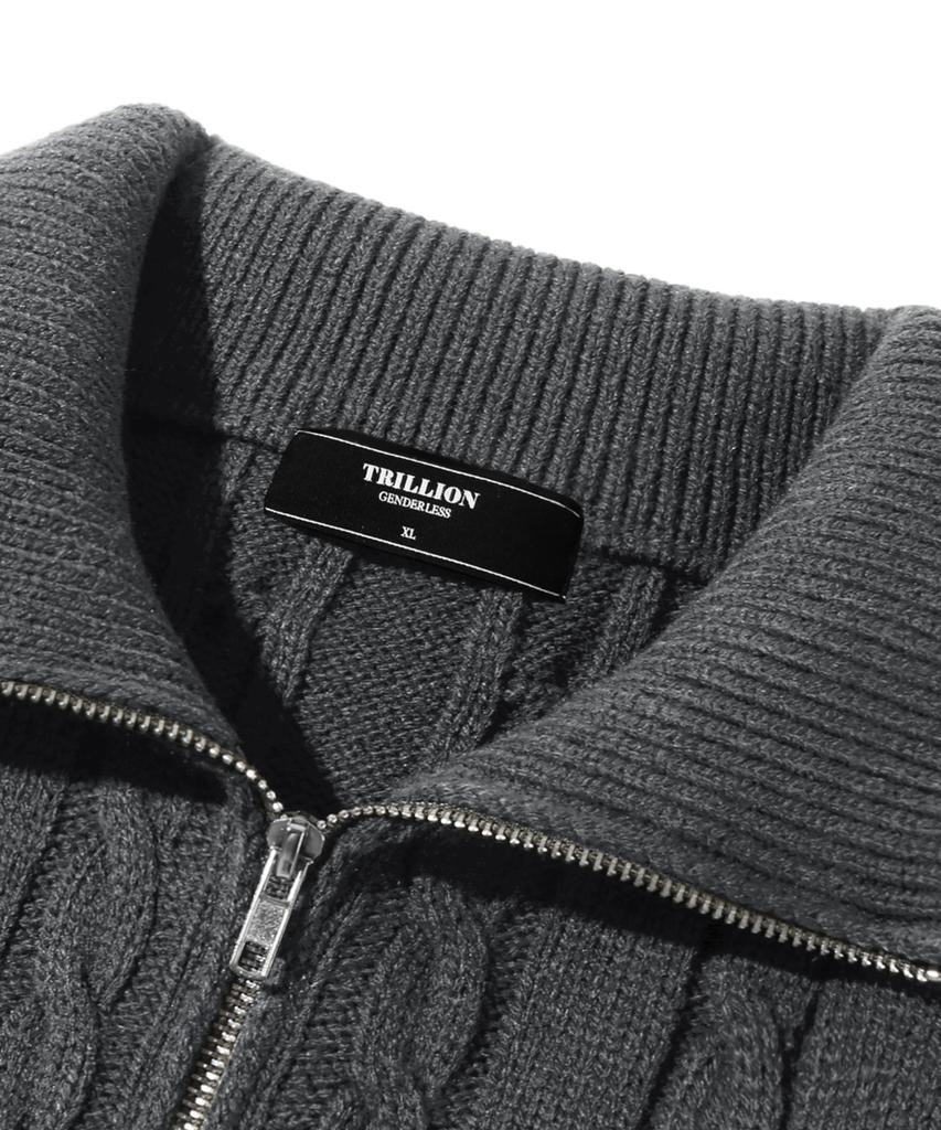 TRILLION Washable Half-Zip Collared Cable Knit (Charcoal)