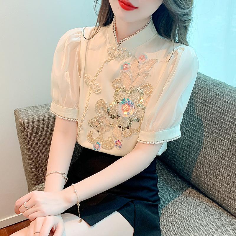 New Chinese Women's Short-sleeved Shirt Top for Women's Summer Heavy Industry Beaded Chiffon Shirt Retro Chinese Style Buttoned Shirt