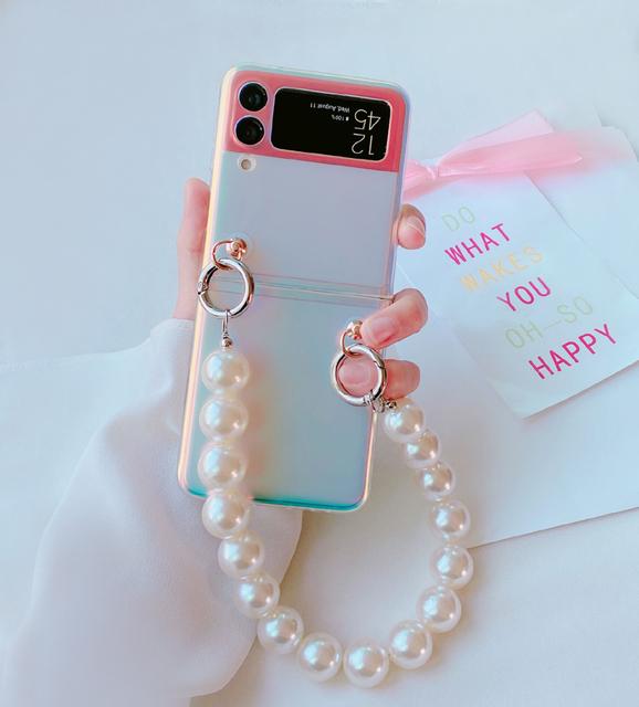 

Складной чехол для телефона Diy Laser для Samsung Galaxy Z Flip 3 5g, милый жемчужный браслет, портативная матовая задняя крышка с цепочкой на руку For Samsung Z Flip
