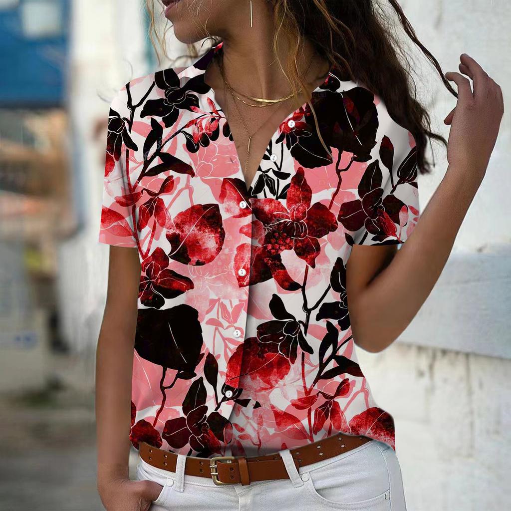 2025 Sommer Neue Mode Damen Blattdruck Kurzarm V-Ausschnitt Lässiges Button-down Hemd Top